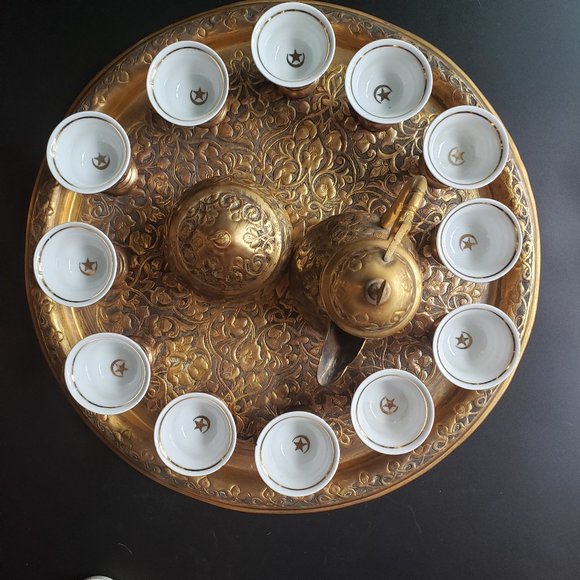 Vintage Rare Brass Turkish Coffee Set - Coffee Pot, Sugar Bowl,12 Cups - Picture 1 of 10